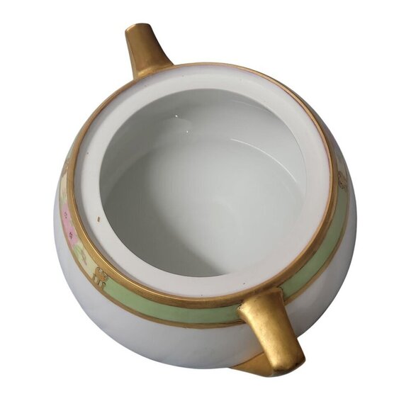 Q&EG Royal Austria Large Lidded Bowl Gold Trim Green Floral 4"T Double Handled - Picture 13 of 14